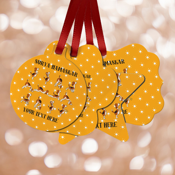 Custom Yoga Dogs Sun Salutations Metal Ornaments - Double Sided w/ Name or Text