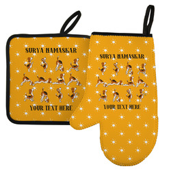 Yoga Dogs Sun Salutations Left Oven Mitt & Pot Holder Set w/ Name or Text