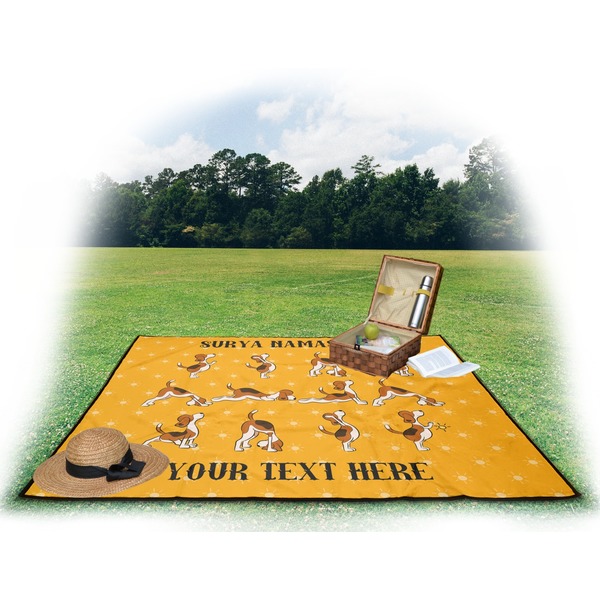 Yoga Dogs Sun Salutations Picnic Blanket - with Basket Hat and Book - in Use