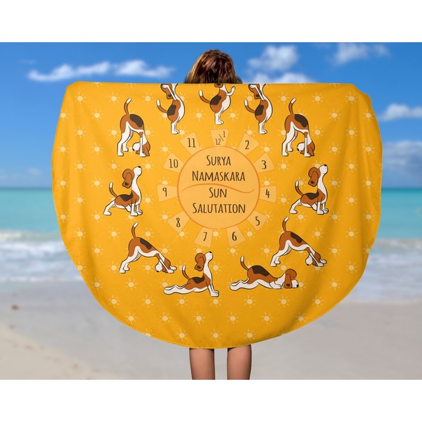 Yoga Dogs Sun Salutations Round Beach Towel - In Use