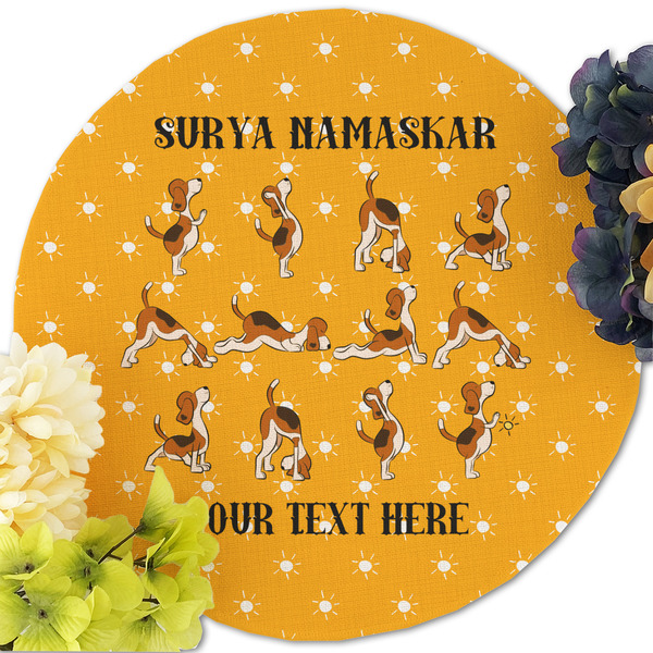 Yoga Dogs Sun Salutations Round Linen Placemats - Front (w flowers)