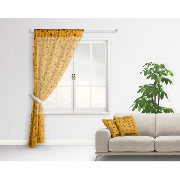 Yoga Dogs Sun Salutations Sheer Curtain With Window and Rod - in Room Matching Pillow