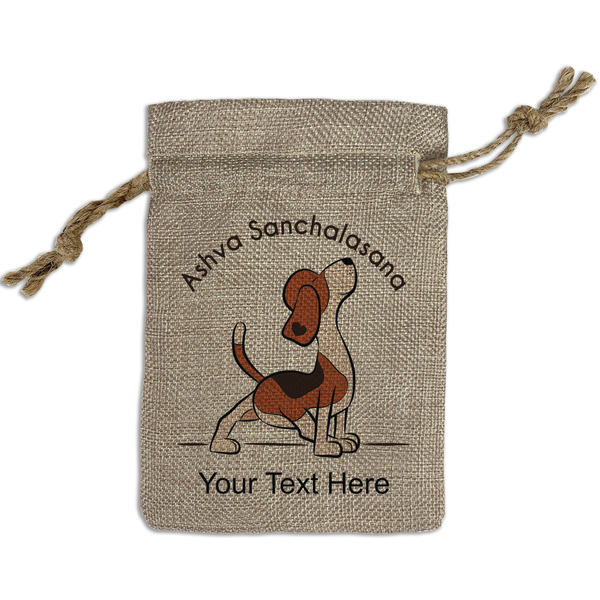 Custom Yoga Dogs Sun Salutations Small Burlap Gift Bag - Front (Personalized)
