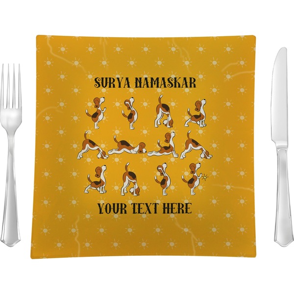 Custom Yoga Dogs Sun Salutations 9.5" Glass Square Lunch / Dinner Plate- Single or Set of 4 (Personalized)