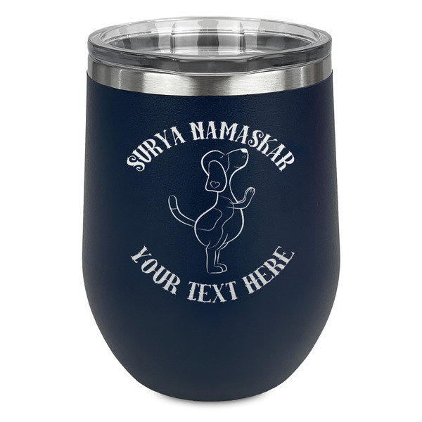 Custom Yoga Dogs Sun Salutations Stemless Stainless Steel Wine Tumbler - Navy - Single Sided (Personalized)