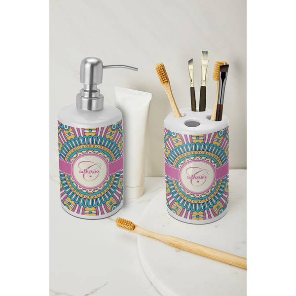 Bohemian Art Ceramic Bathroom Accessories - LIFESTYLE (toothbrush holder & soap dispenser)