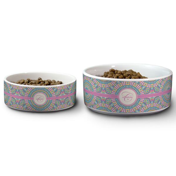 Bohemian Art Ceramic Dog Bowls - Size Comparison