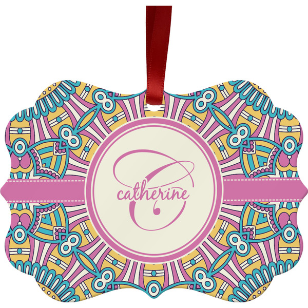Custom Bohemian Art Metal Frame Ornament - Double Sided w/ Name and Initial