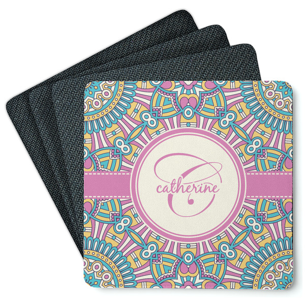 Custom Bohemian Art Square Rubber Backed Coasters - Set of 4 (Personalized)