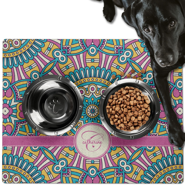 Custom Bohemian Art Dog Food Mat - Large w/ Name and Initial