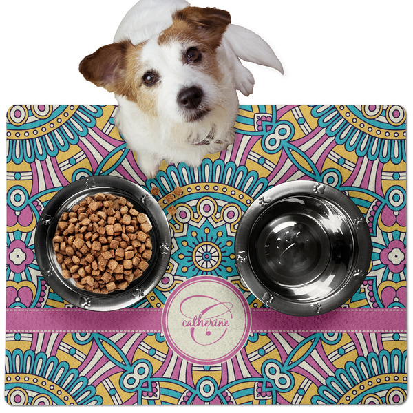 Custom Bohemian Art Dog Food Mat - Medium w/ Name and Initial