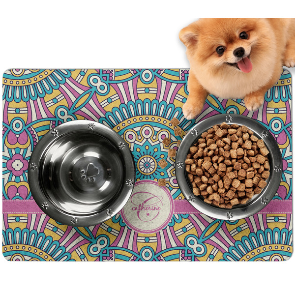 Custom Bohemian Art Dog Food Mat - Small w/ Name and Initial