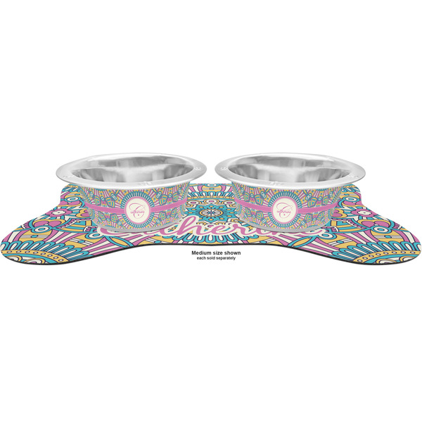 Bohemian Art Metal Pet Bowls - On Dog Bone Shaped Mat