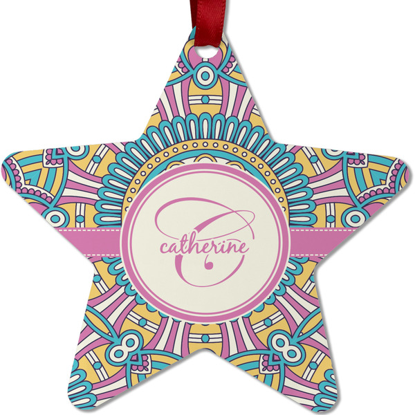 Custom Bohemian Art Metal Star Ornament - Double Sided w/ Name and Initial