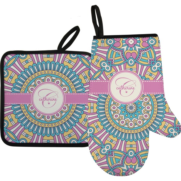 Custom Bohemian Art Oven Mitt & Pot Holder Set w/ Name and Initial