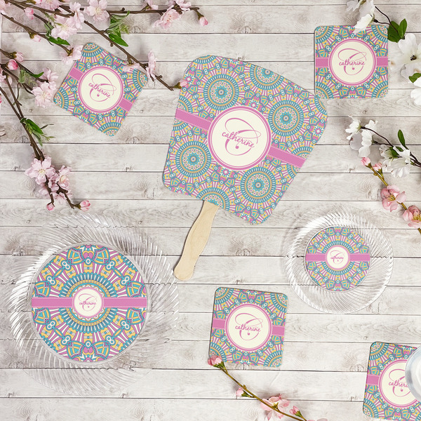 Bohemian Art Party Supplies Combination Image - All items - Plates, Coasters, Fans