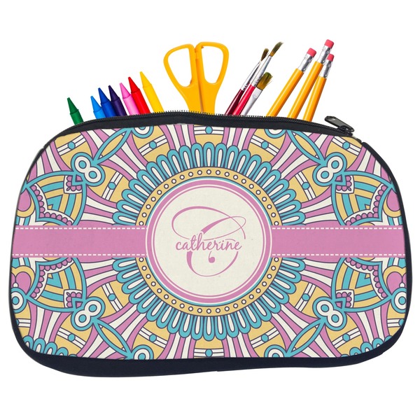 Custom Bohemian Art Neoprene Pencil Case - Medium w/ Name and Initial