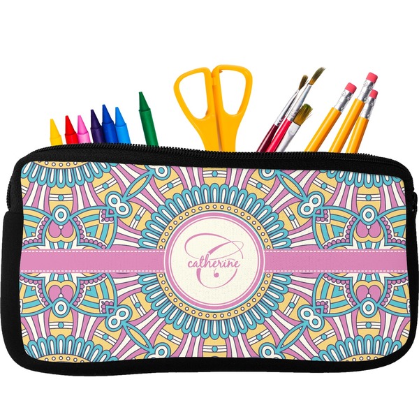 Custom Bohemian Art Neoprene Pencil Case - Small w/ Name and Initial