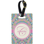 Bohemian Art Plastic Luggage Tag - Rectangular w/ Name and Initial