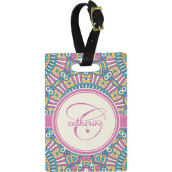 Bohemian Art Plastic Luggage Tag - Rectangular w/ Name and Initial