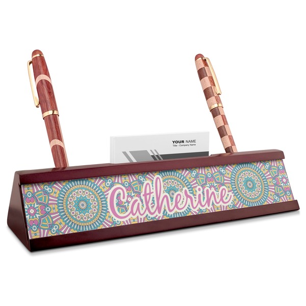 Custom Bohemian Art Red Mahogany Nameplate with Business Card Holder (Personalized)