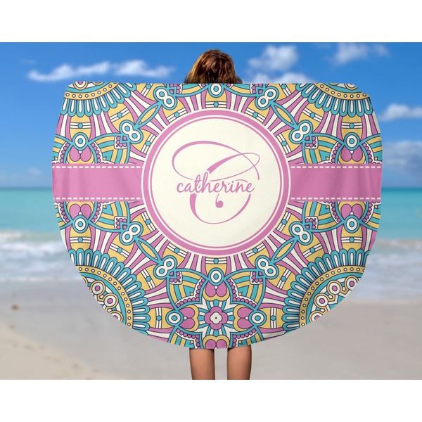 Bohemian Art Round Beach Towel - In Use