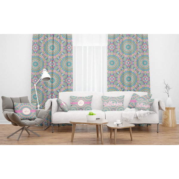 Bohemian Art Sheer and Custom Curtains in Room with Matching Pillows