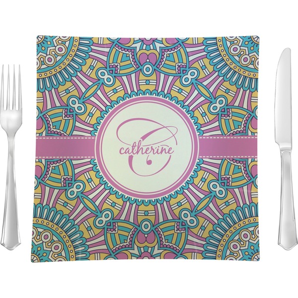 Custom Bohemian Art 9.5" Glass Square Lunch / Dinner Plate- Single or Set of 4 (Personalized)