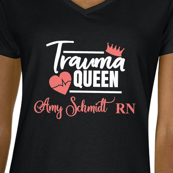 Nurse Black V-Neck T-Shirt on Model - CloseUp