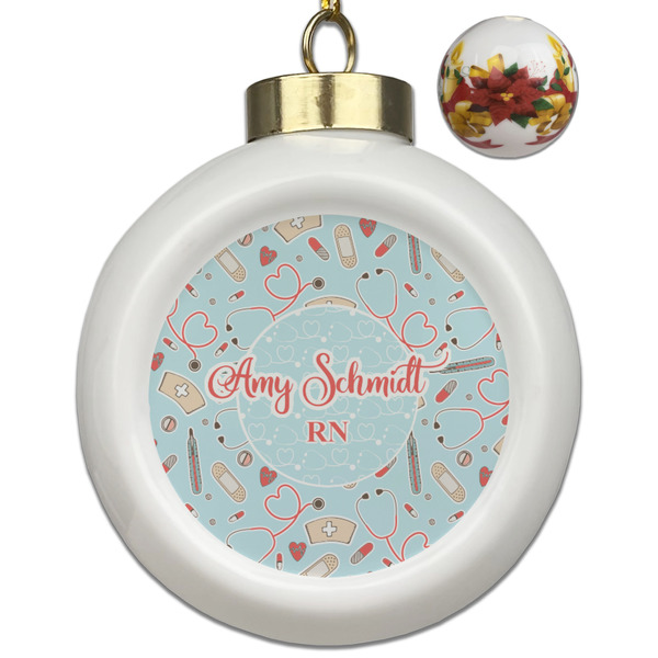 Custom Nurse Ceramic Ball Ornaments - Poinsettia Garland (Personalized)
