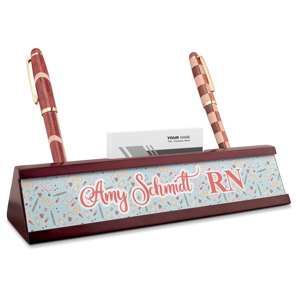 Custom Nurse Red Mahogany Nameplate with Business Card Holder (Personalized)