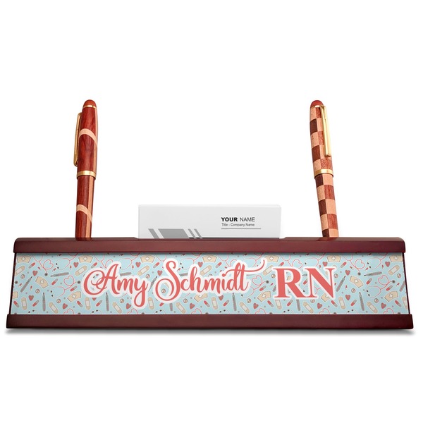 Nurse Red Mahogany Nameplates with Business Card Holder - Straight