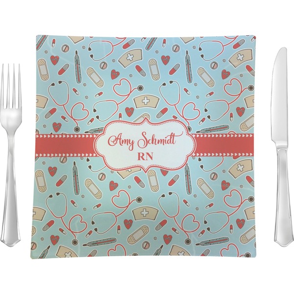 Custom Nurse 9.5" Glass Square Lunch / Dinner Plate- Single or Set of 4 (Personalized)
