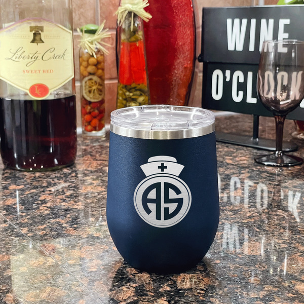Nurse Stainless Wine Tumblers - Navy - Single Sided - In Context
