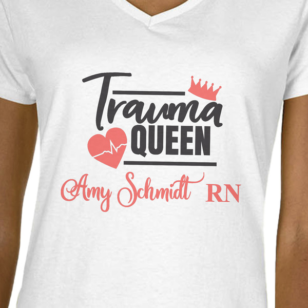 Nurse White V-Neck T-Shirt on Model - CloseUp