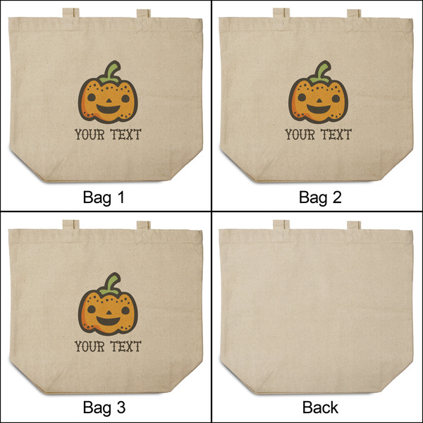 Halloween Pumpkin 3 Reusable Cotton Grocery Bags - Front & Back View
