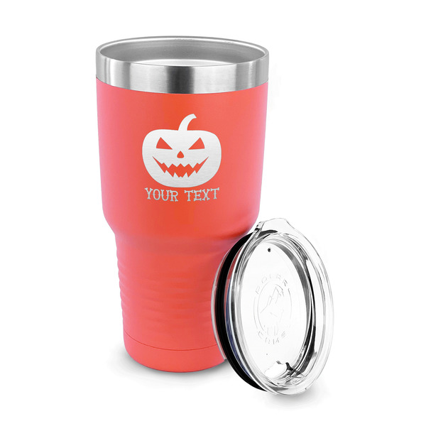 Halloween Pumpkin 30 oz Stainless Steel Ringneck Tumblers - Coral - LID OFF
