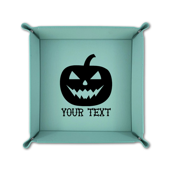 Halloween Pumpkin 6" x 6" Teal Leatherette Snap Up Tray - FOLDED UP