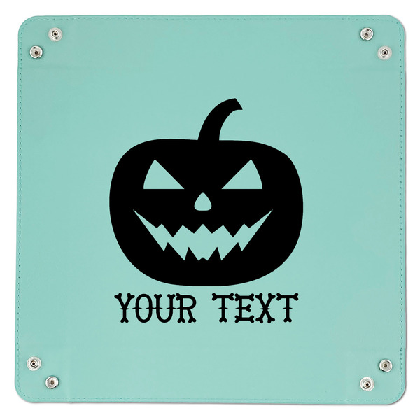 Halloween Pumpkin 9" x 9" Teal Leatherette Snap Up Tray - APPROVAL