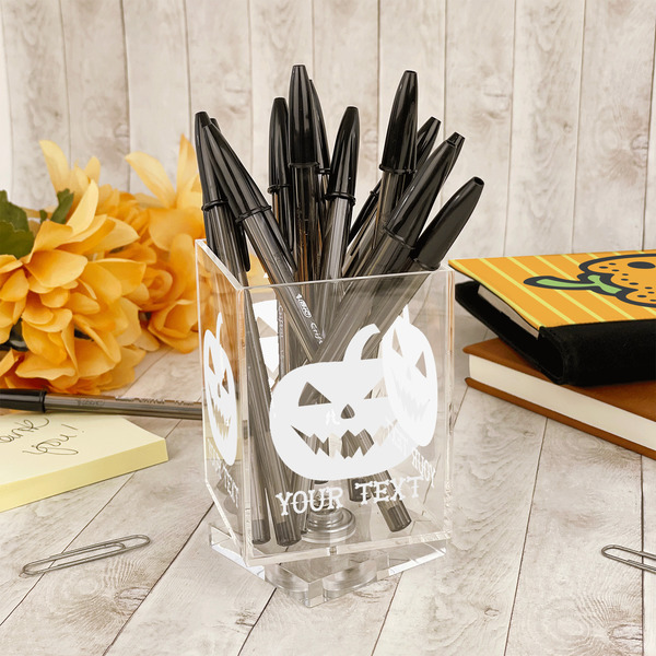 Halloween Pumpkin Acrylic Pencil Holder - IN CONTEXT