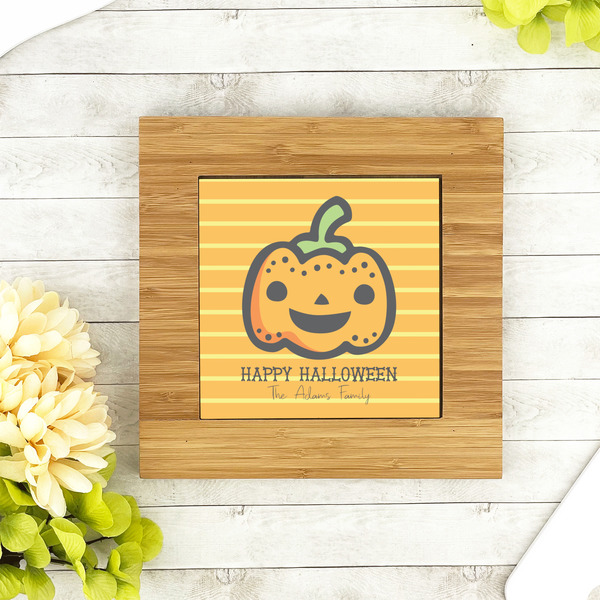 Halloween Pumpkin Bamboo Trivet with 6" Tile - LIFESTYLE