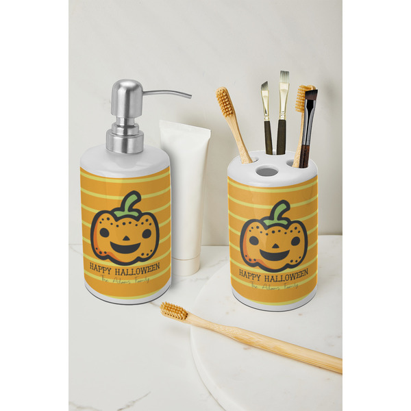 Halloween Pumpkin Ceramic Bathroom Accessories - LIFESTYLE (toothbrush holder & soap dispenser)