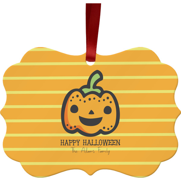 Custom Halloween Pumpkin Metal Frame Ornament - Double Sided w/ Name or Text
