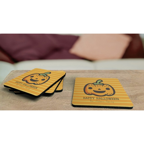 Halloween Pumpkin Coaster Rubber Back - On Coffee Table