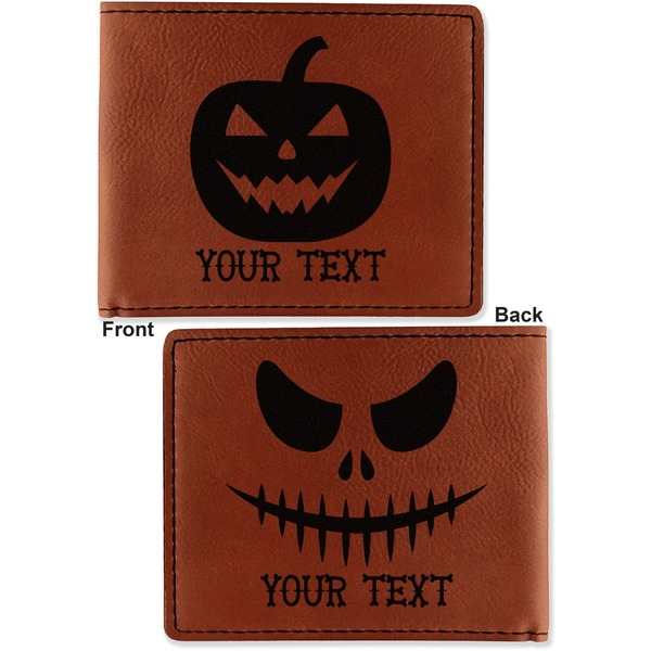 Halloween Pumpkin Cognac Leatherette Bifold Wallets - Front and Back