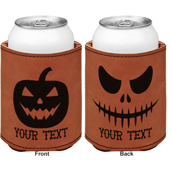 Halloween Pumpkin Cognac Leatherette Can Sleeve - Double Sided Front and Back