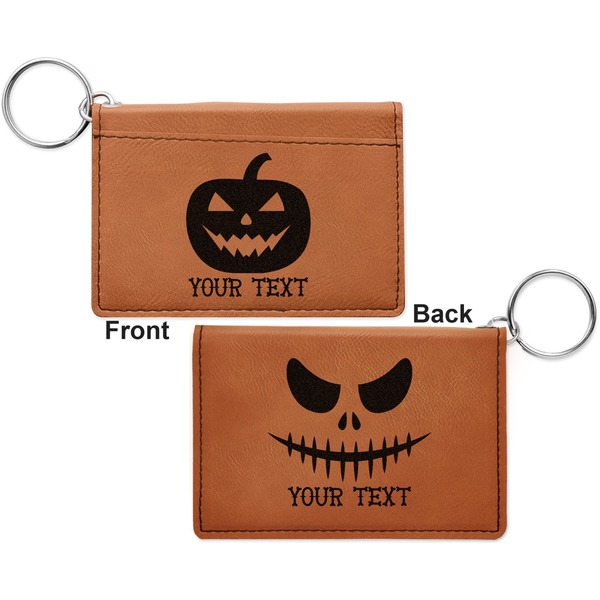 Halloween Pumpkin Cognac Leatherette Keychain ID Holders - Front and Back Apvl