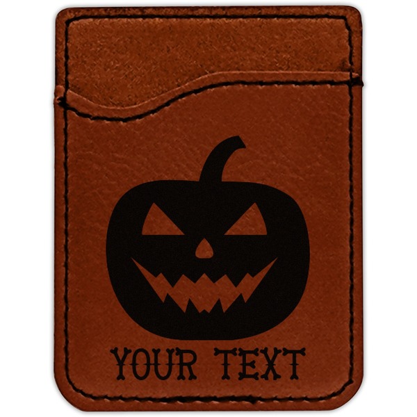 Halloween Pumpkin Cognac Leatherette Phone Wallet close up