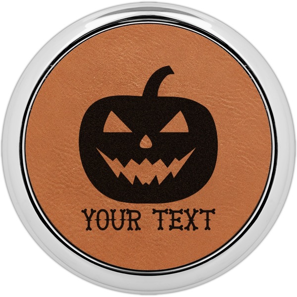 Custom Halloween Pumpkin Set of 4 Leatherette Round Coasters w/ Silver Edge (Personalized)