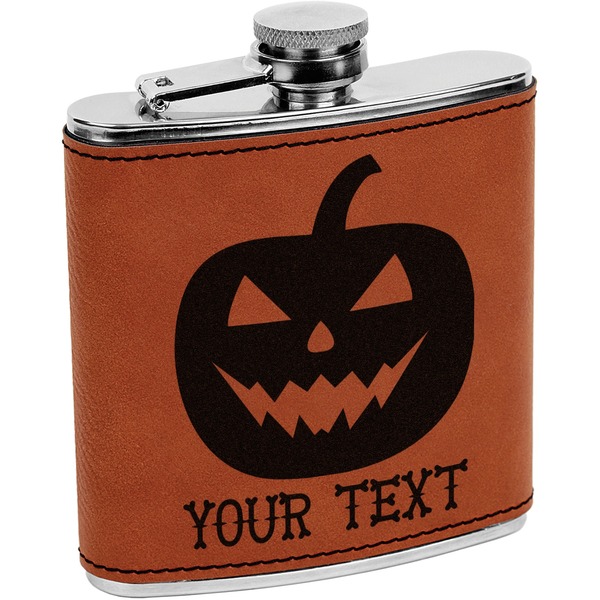 Custom Halloween Pumpkin Leatherette Wrapped Stainless Steel Flask (Personalized)